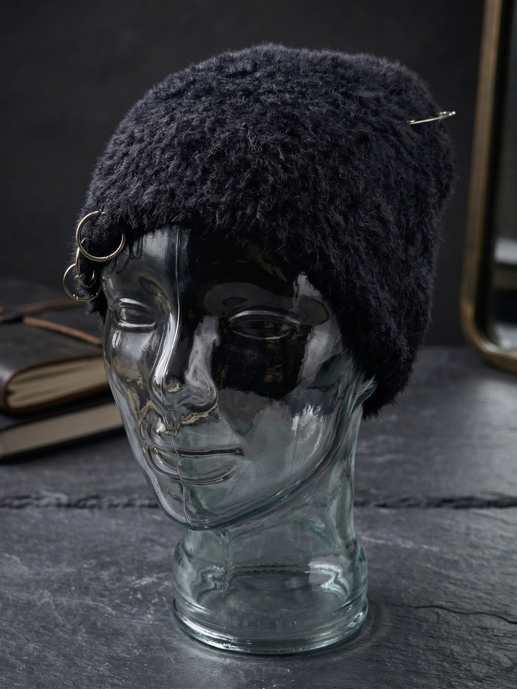 Black Fuzzy Pierced Beanie