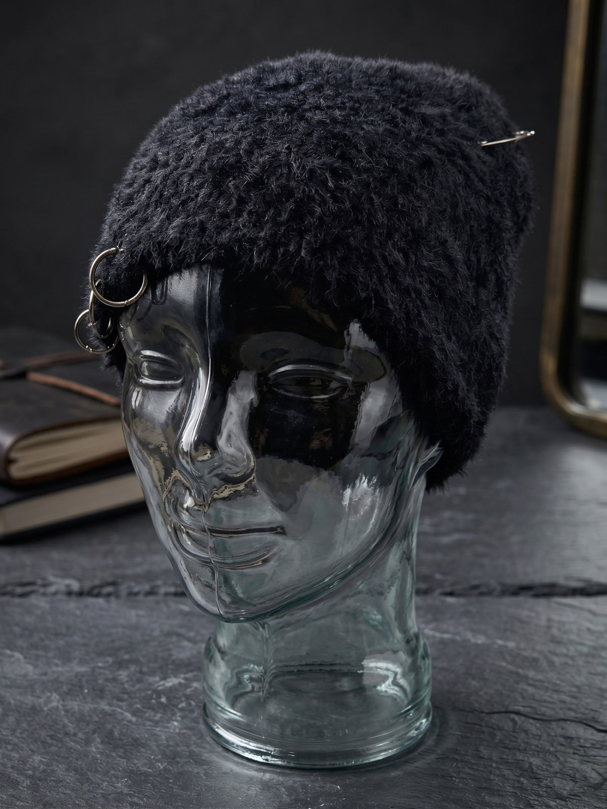 Black Fuzzy Pierced Beanie